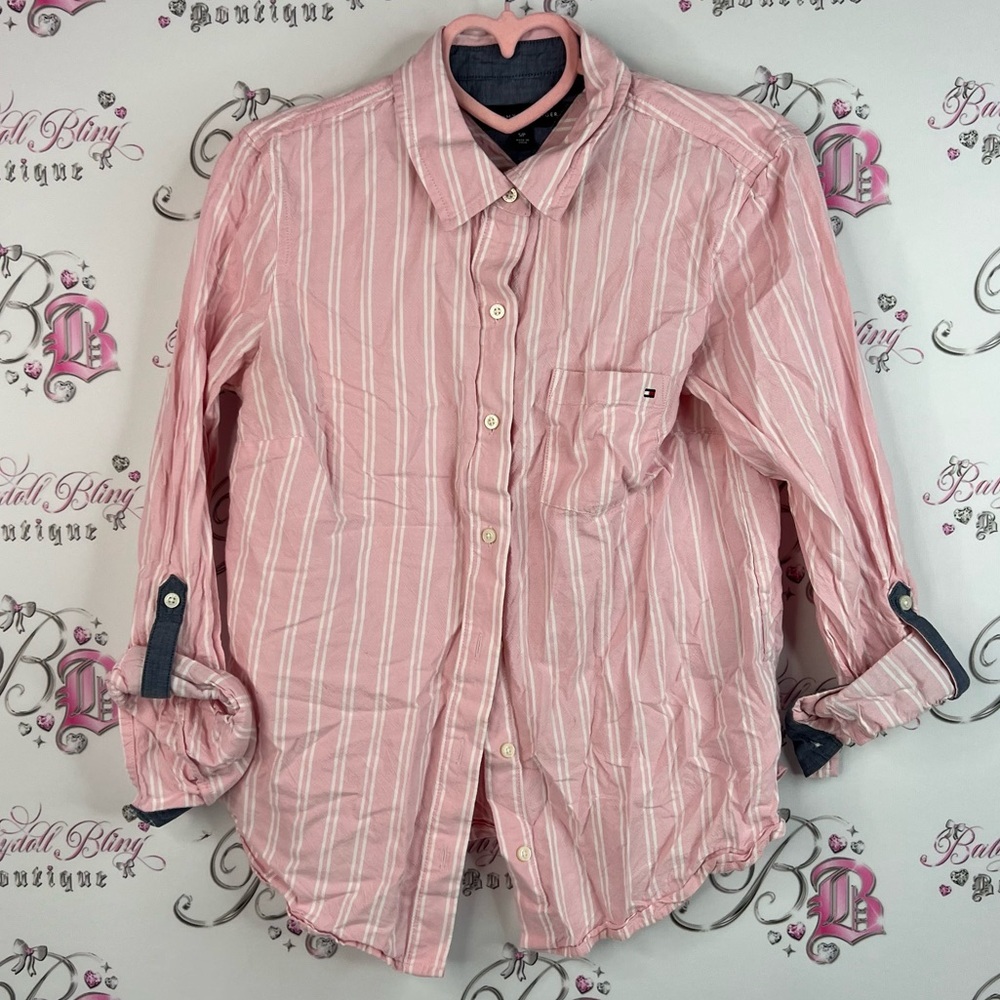 Tommy Hilfiger button up stripes luxe Pink and White Striped Casual Shirt
